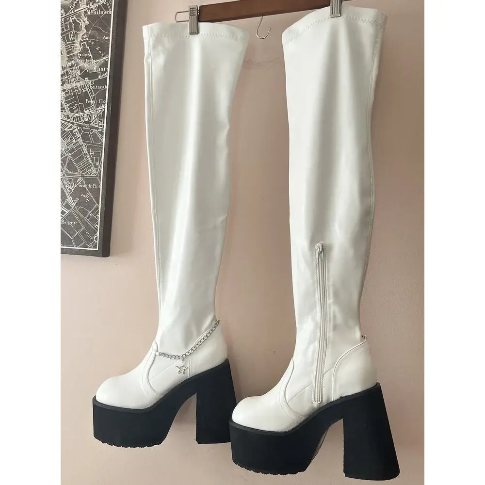 Dolls Kill BRATZ Thigh High Boots •8• Angel MISS SOCIALITE White Platform Go Go